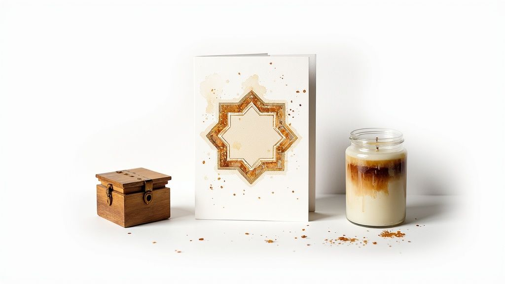 A beautiful Eid greeting card with a golden star design, a wooden box, and a layered candle.