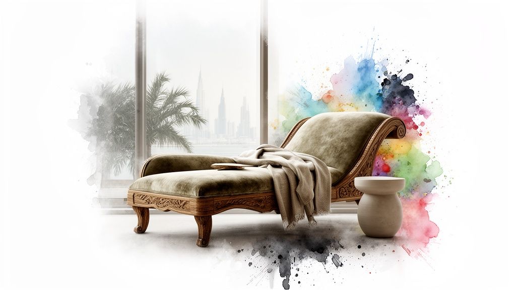 An elegant chaise lounge chair with a blanket and book, set against a watercolor cityscape background.