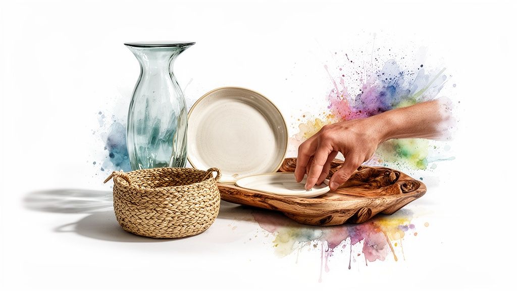 Stylish home decor items including a glass vase, woven basket, plates, and a wooden tray.