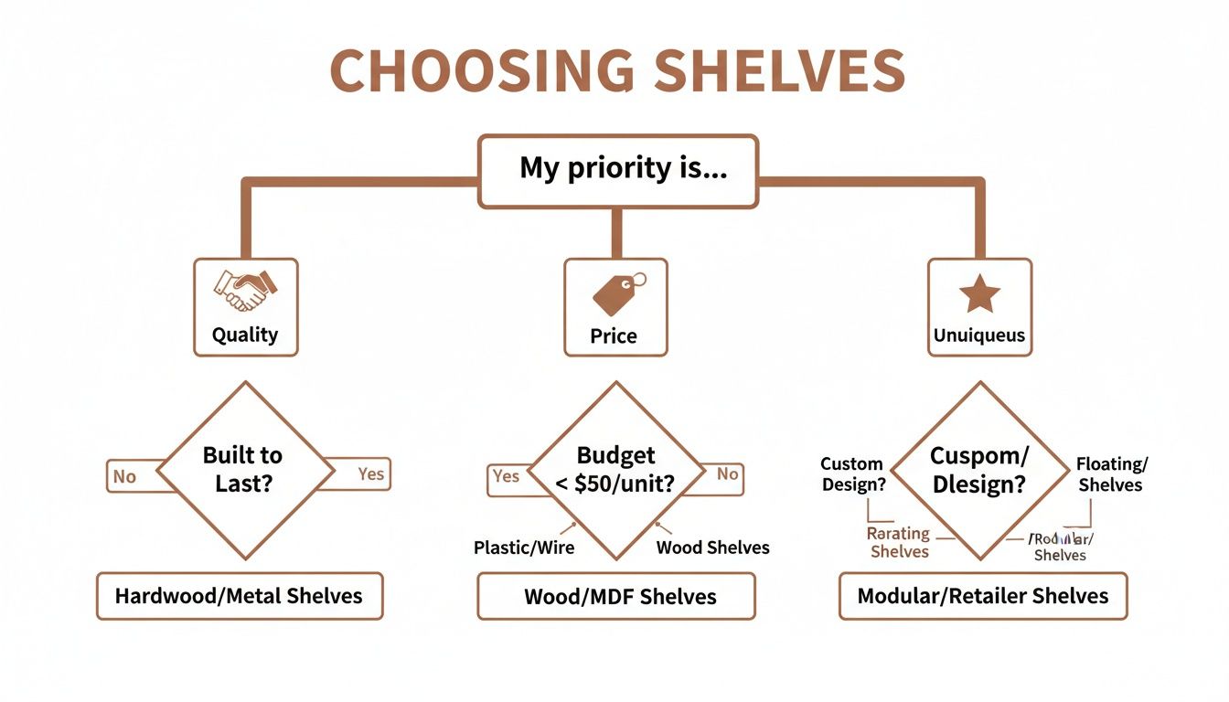 Flowchart guiding shelf selection based on priorities: quality, price, or uniqueness, leading to various shelf types.