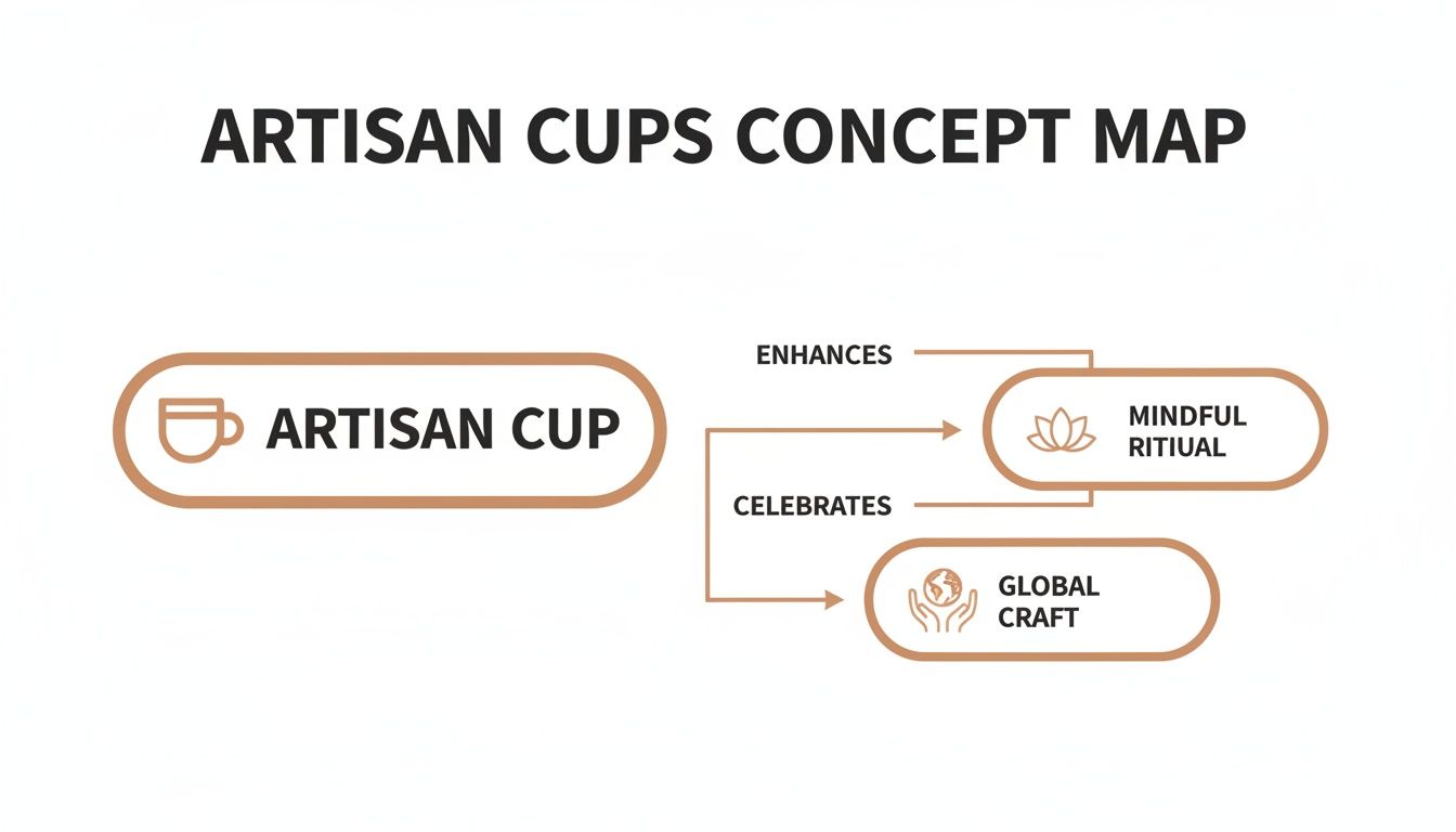 A concept map illustrates an Artisan Cup enhancing Mindful Ritual and celebrating Global Craft.