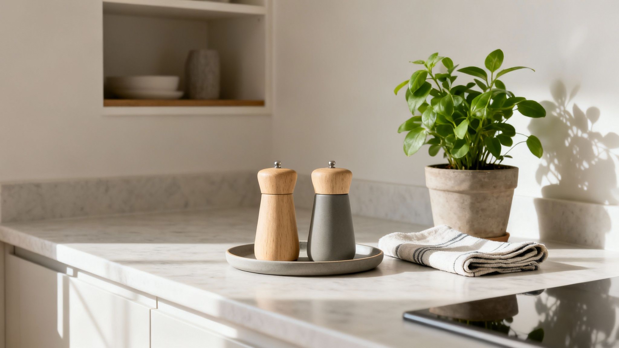 Stylish wooden and grey salt and pepper shakers on a modern kitchen countertop with a plant and natural light.
