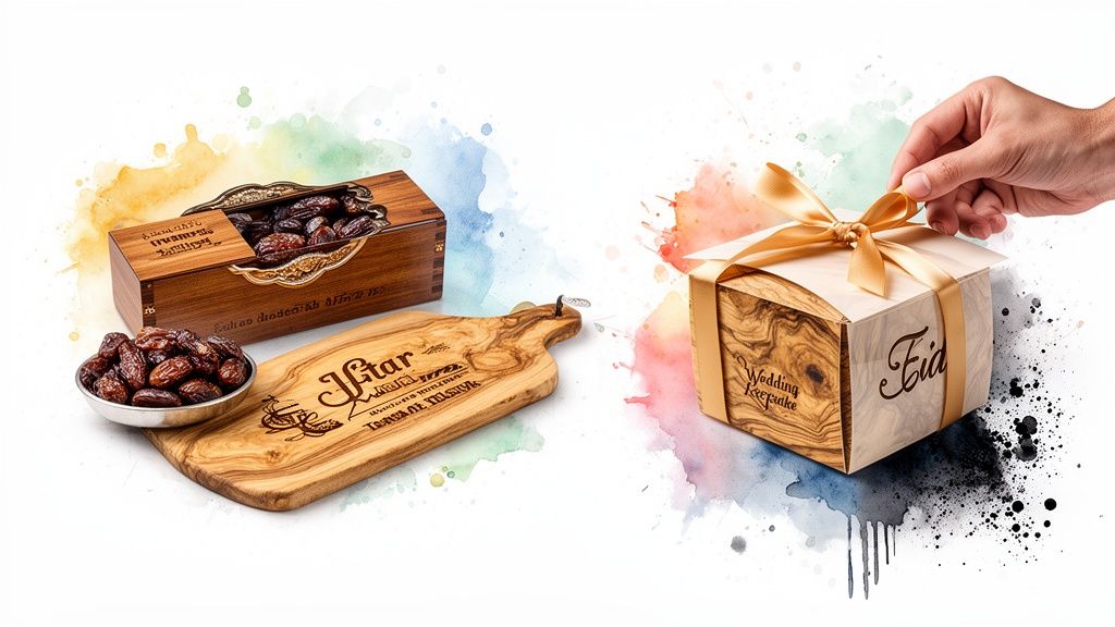 Personalized wooden boxes with dates, a cutting board, and a gift for Eid and weddings.