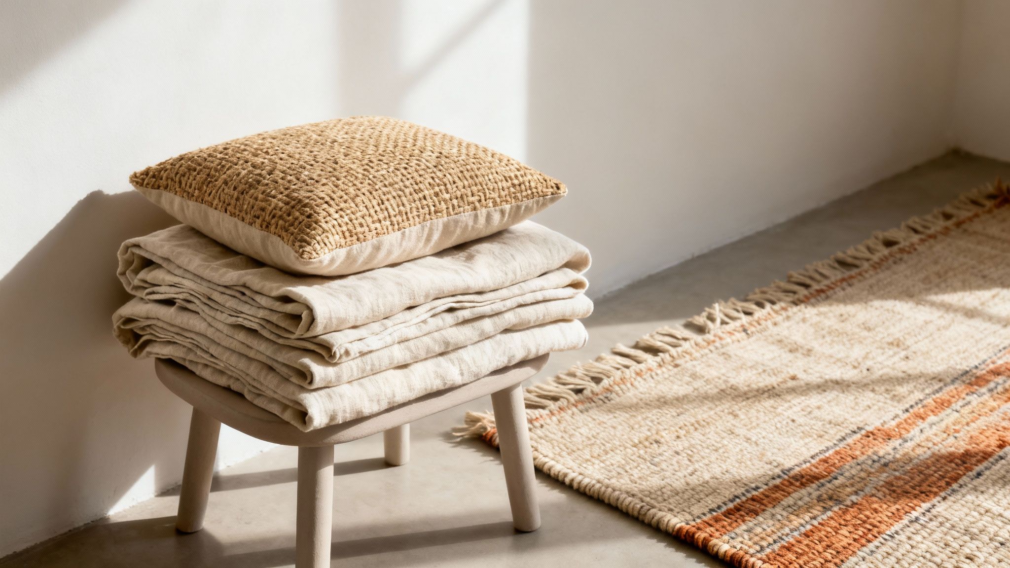 A stack of beige linen sheets and a textured woven cushion on a stool next to a rug.