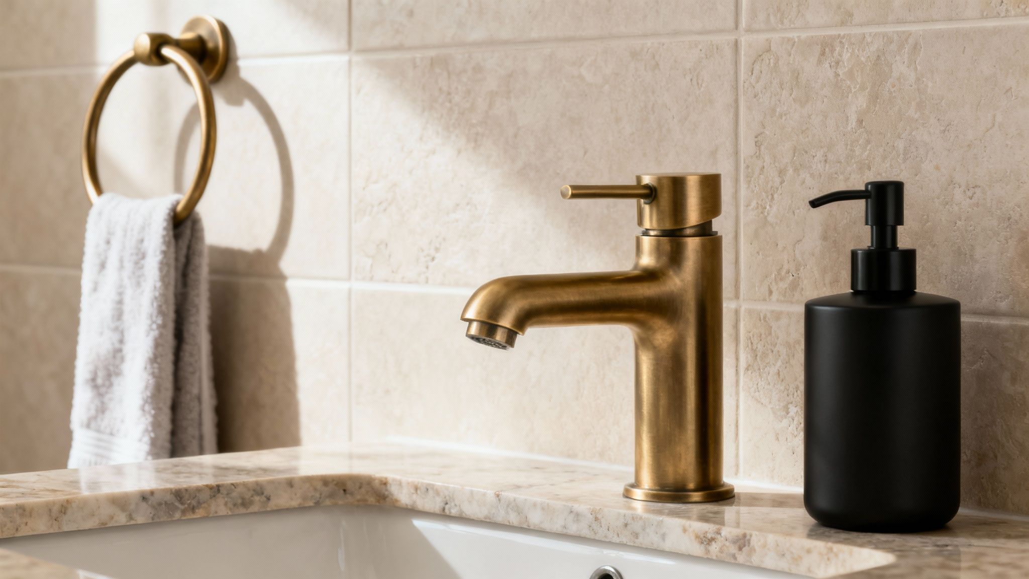 Modern bathroom features a brass faucet, black soap dispenser, and white towel on a marble counter.