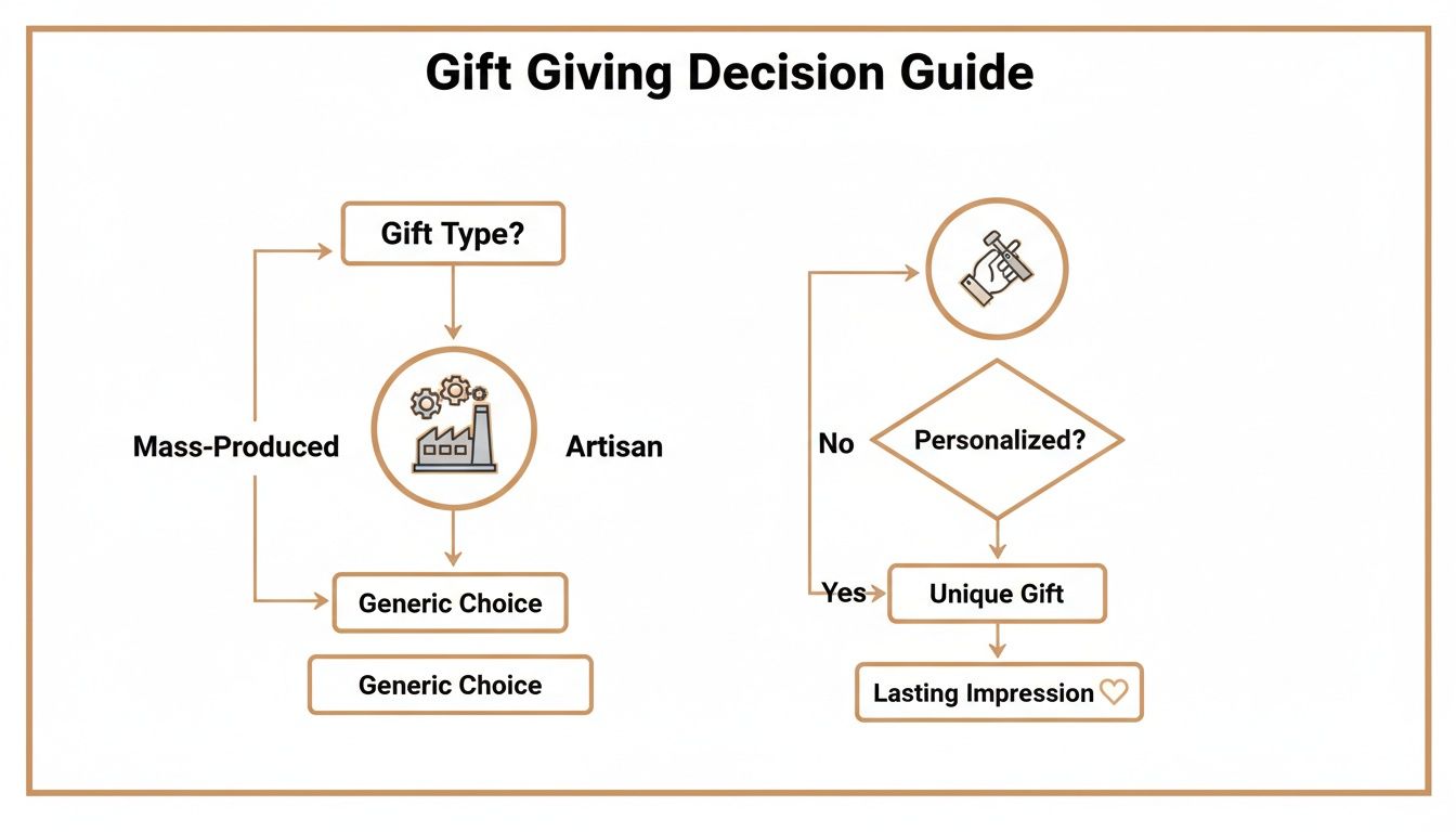 A gift-giving decision guide flowchart illustrating choices between mass-produced, artisan, and personalized gifts.