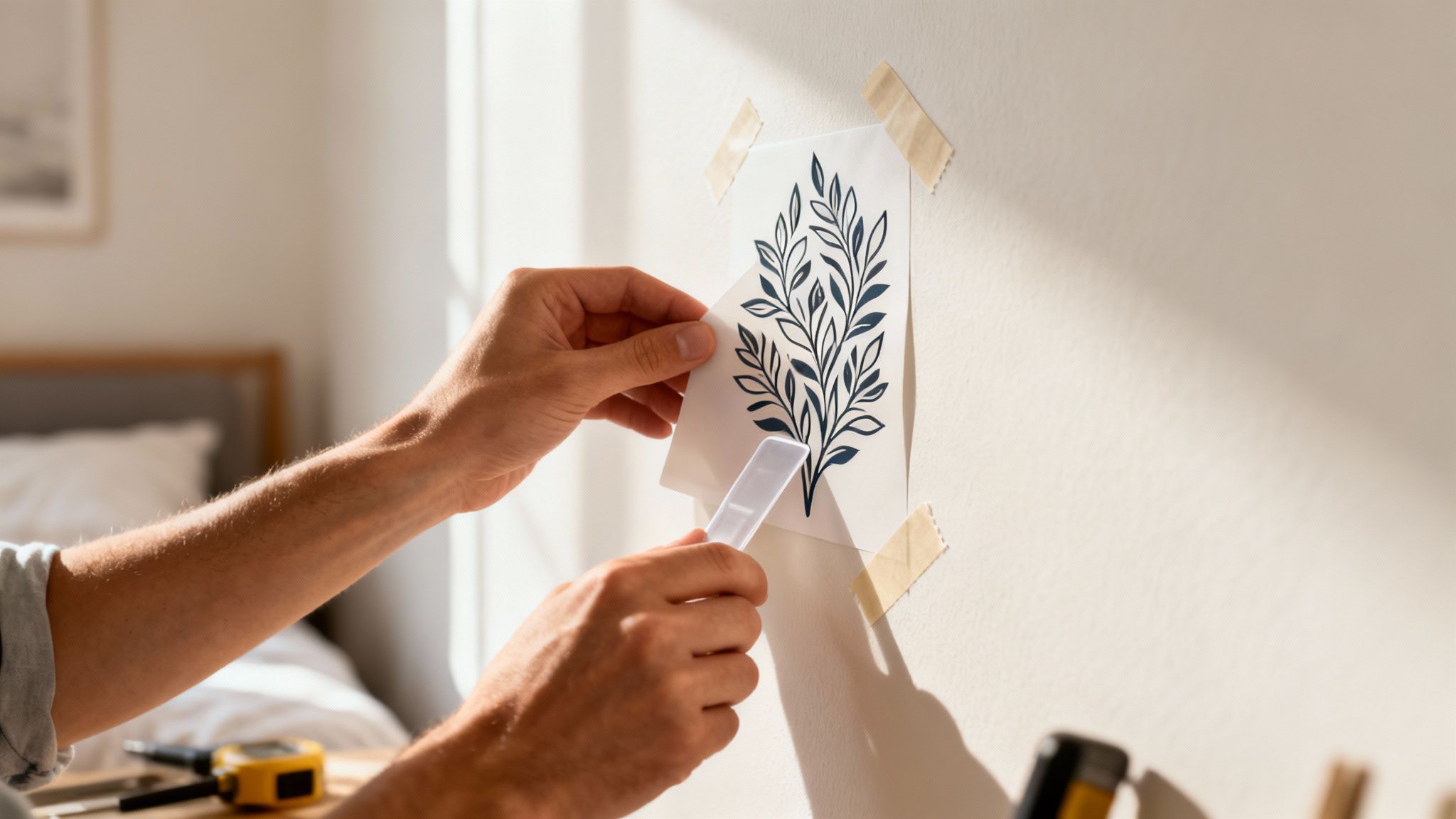 Person applying a large wall sticker to a bedroom wall, smoothing it with a tool.