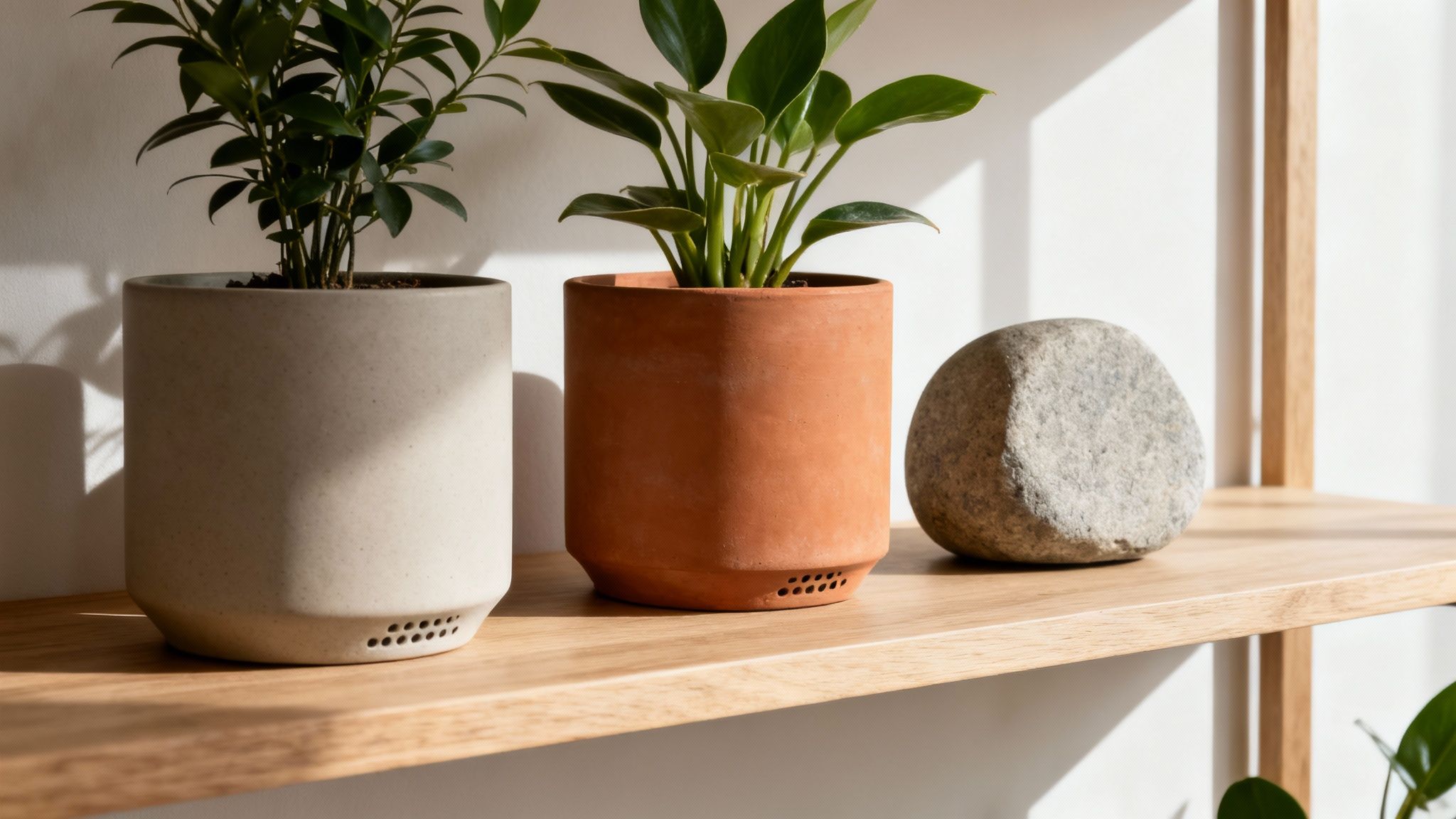 Two green potted plants and a smooth grey stone arranged on a light wooden shelf.