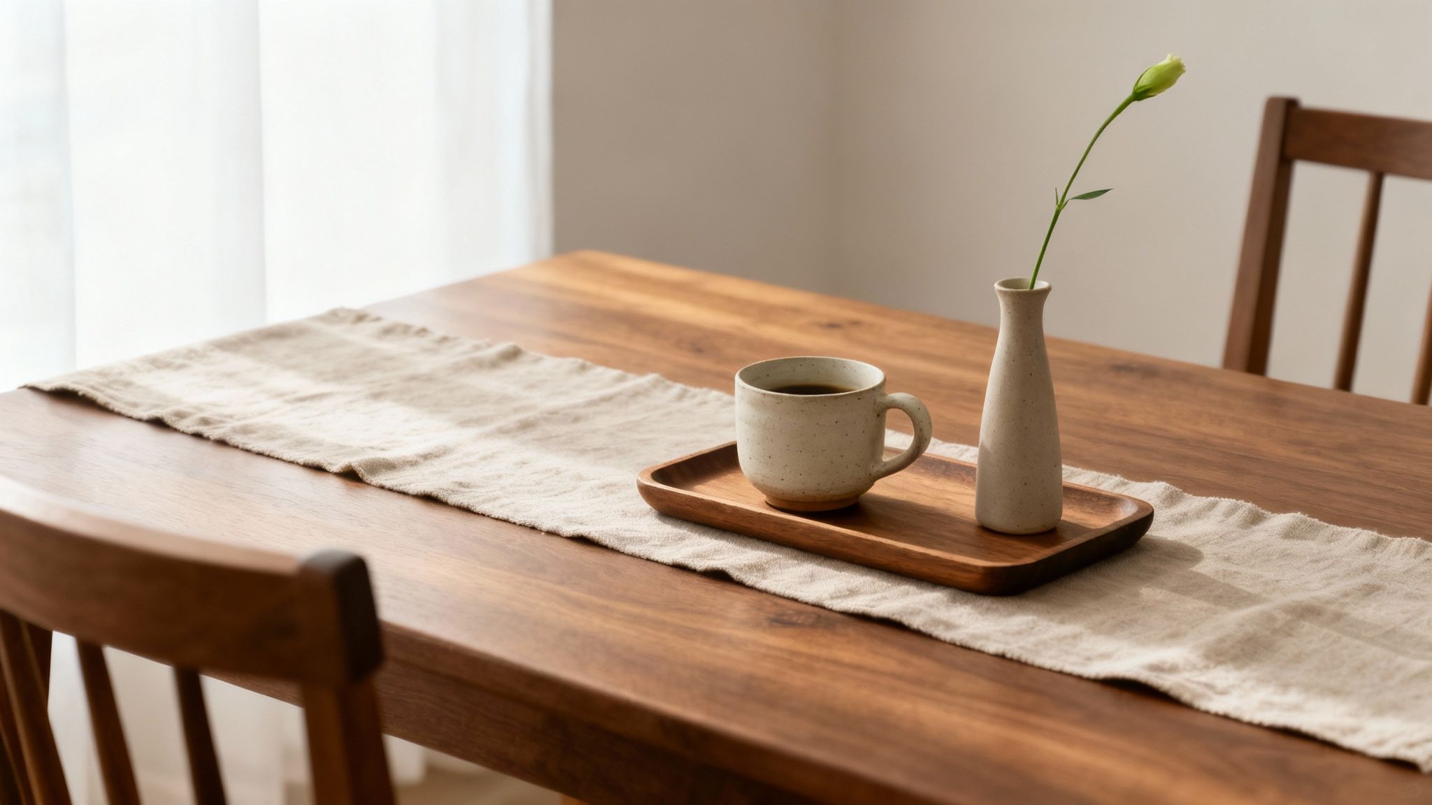 A minimalist wooden dining table setting with a coffee mug, flower vase, and linen table runner.