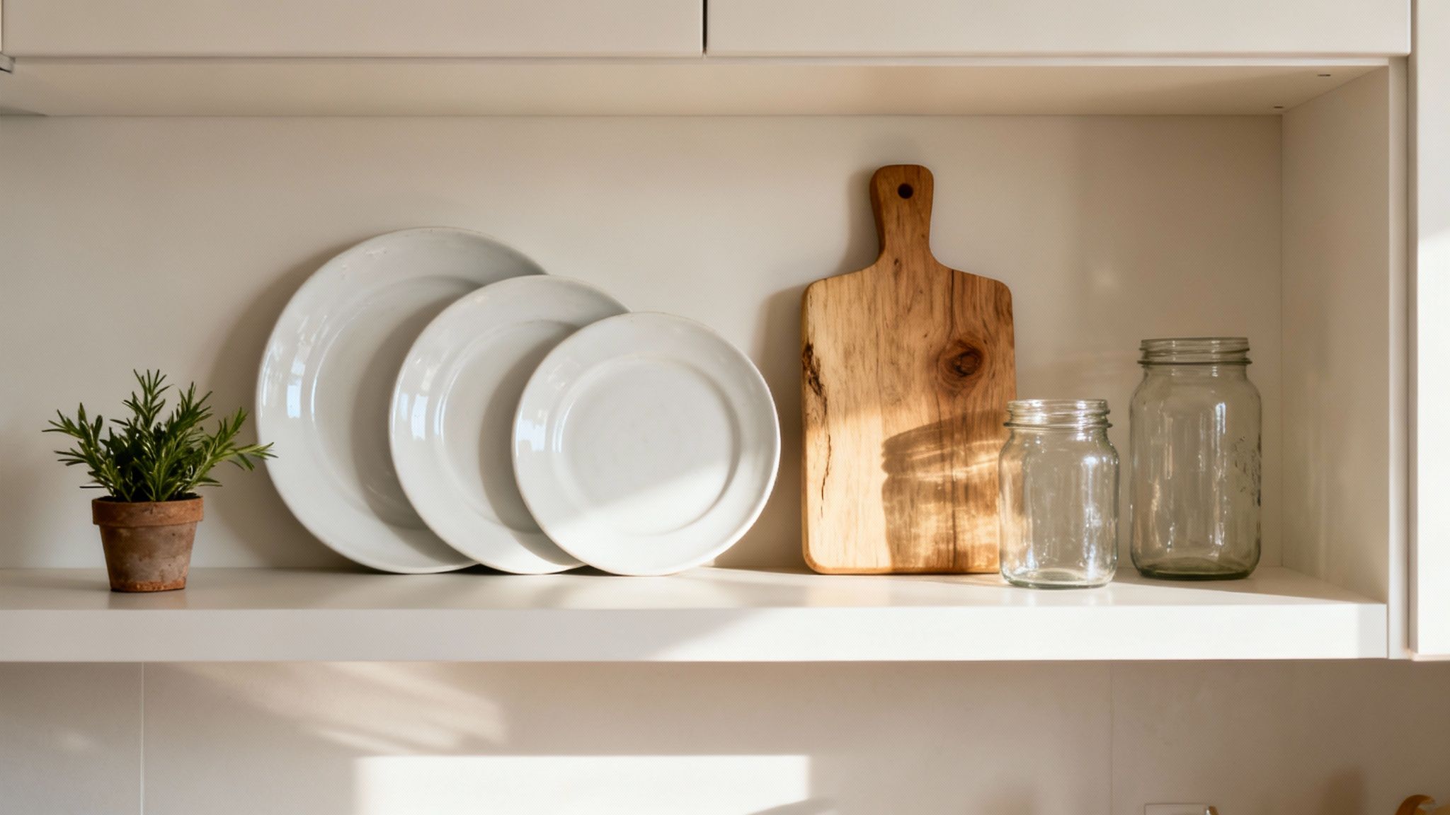 A beautifully styled open kitchen shelf featuring a mix of ceramic plates, a small potted plant, and a wooden cutting board, demonstrating design principles.