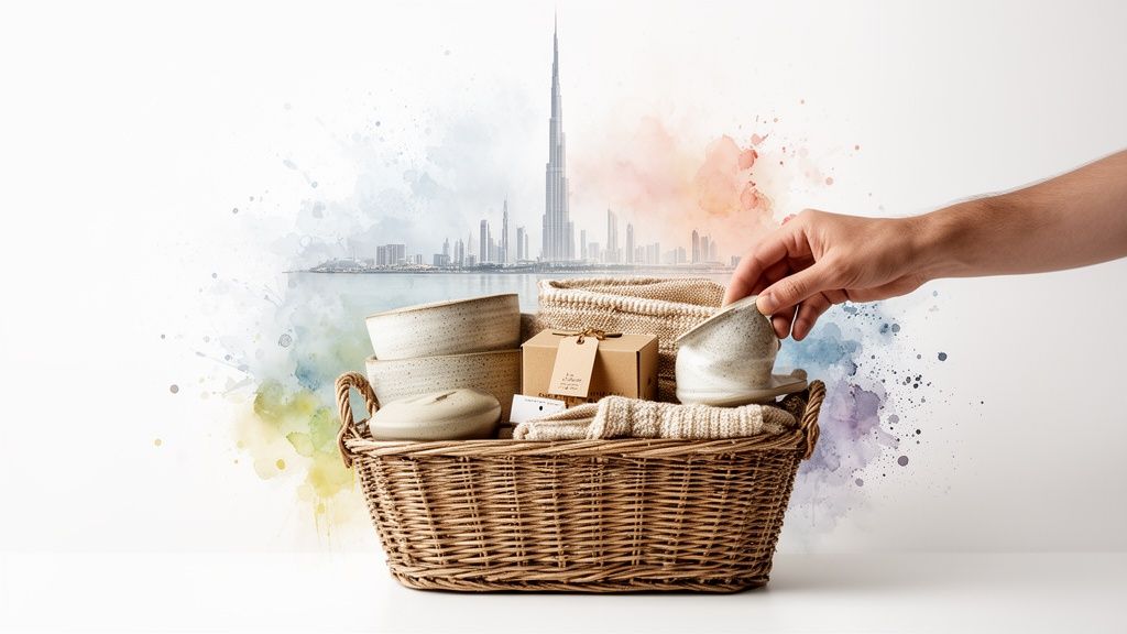A hand places a ceramic cup into a wicker gift basket with the Dubai skyline in the background.