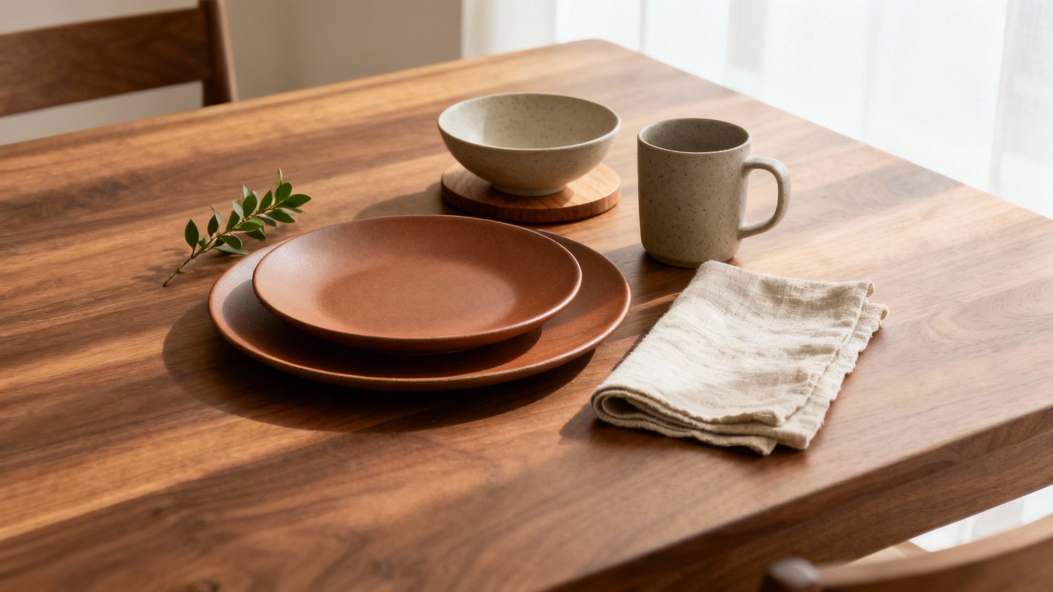 A rustic stoneware dinner set with plates, a bowl, a mug, and a linen napkin on a wooden table.