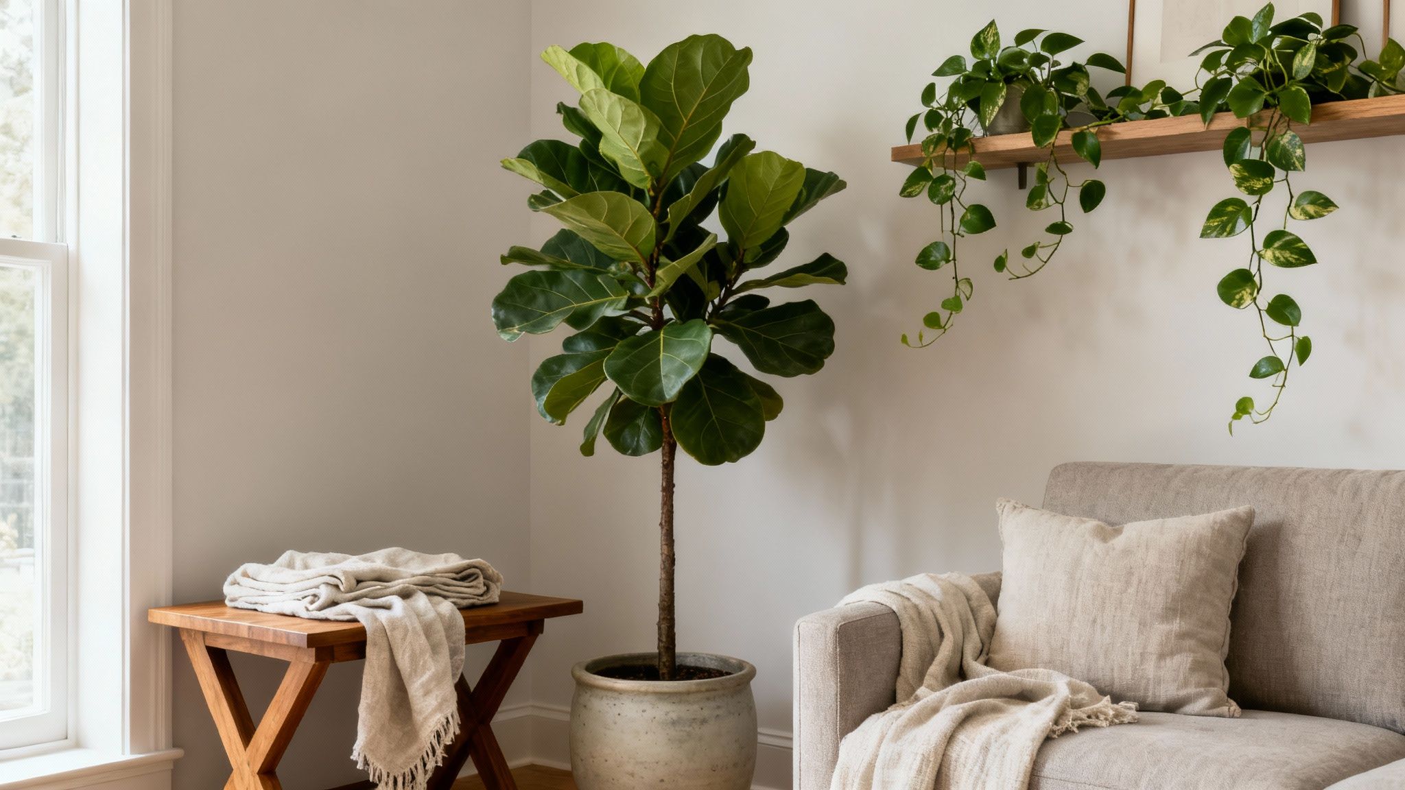 A bright, neutral-toned living room with a large fiddle leaf fig, hanging plants, a sofa, and wooden bench.