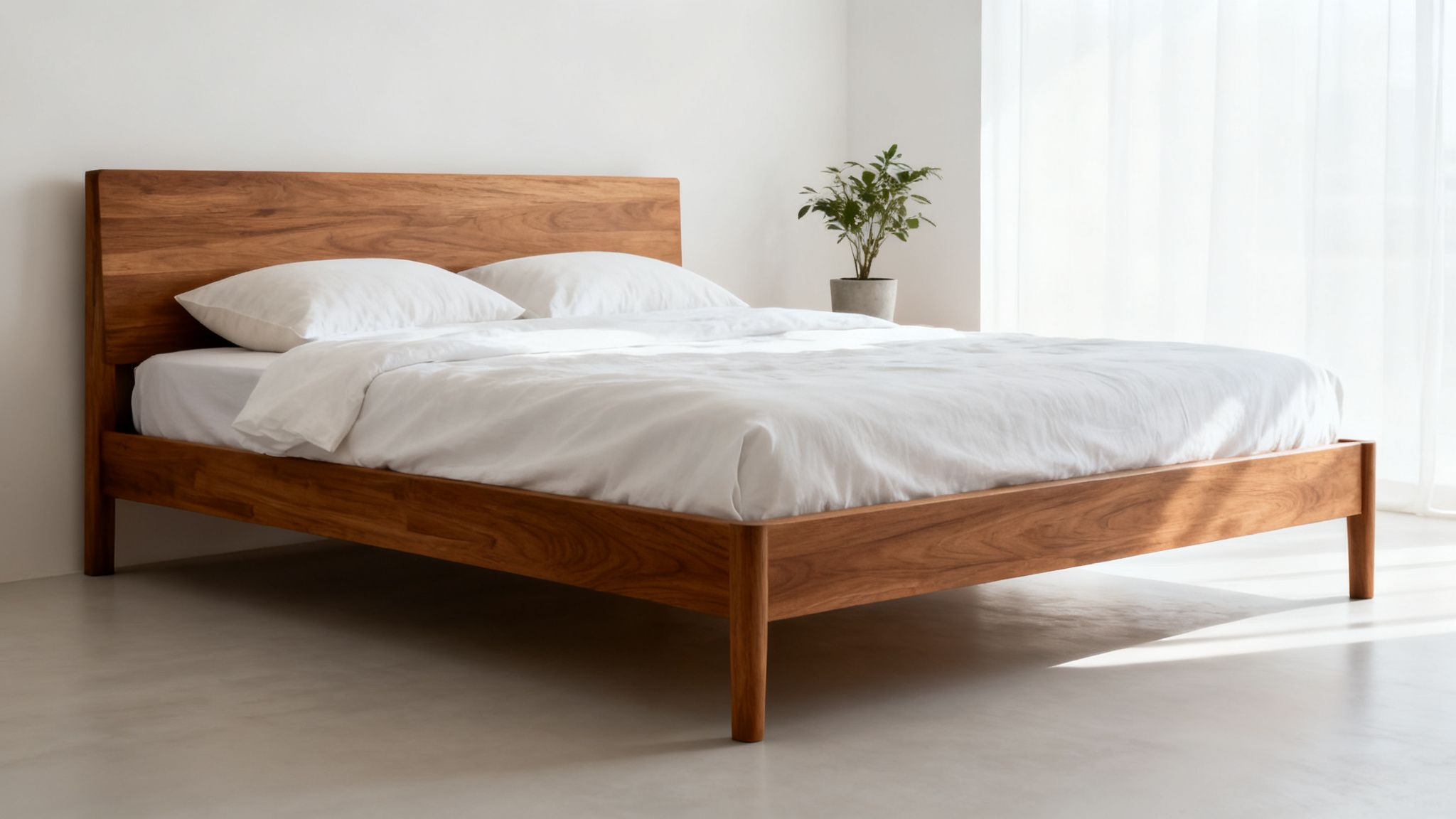 A bright, minimalist bedroom showcasing a wooden bed frame with white linens and a small plant.