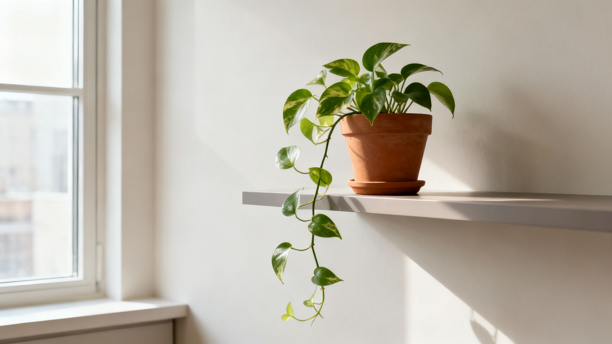 A vibrant green money plant in a terracotta pot sits on a shelf by a sunny window.