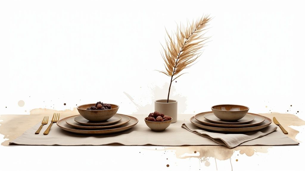 Neutral-toned stoneware dinnerware sets with fresh berries and a decorative plant on a table.