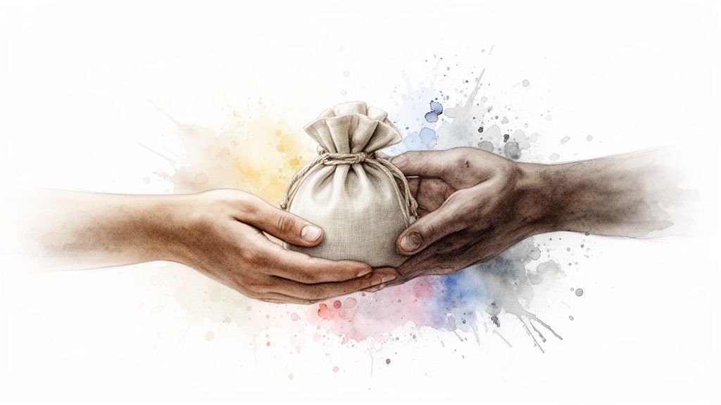 Two hands, one light, one dark, holding a small fabric gift bag with colorful watercolor splashes.