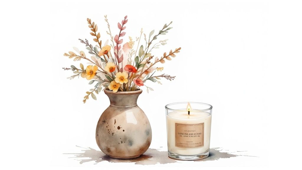 Watercolor illustration of dried flowers in rustic vase with lit scented candle beside it