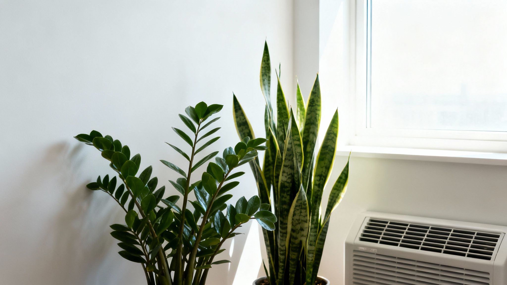 Green ZZ plant and snake plant thriving in a bright room with a window and white AC unit.
