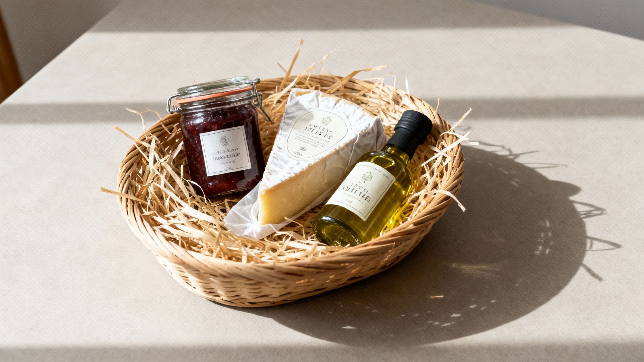 A beautiful gift hamper filled with gourmet foods and drinks, showcasing a cohesive theme.