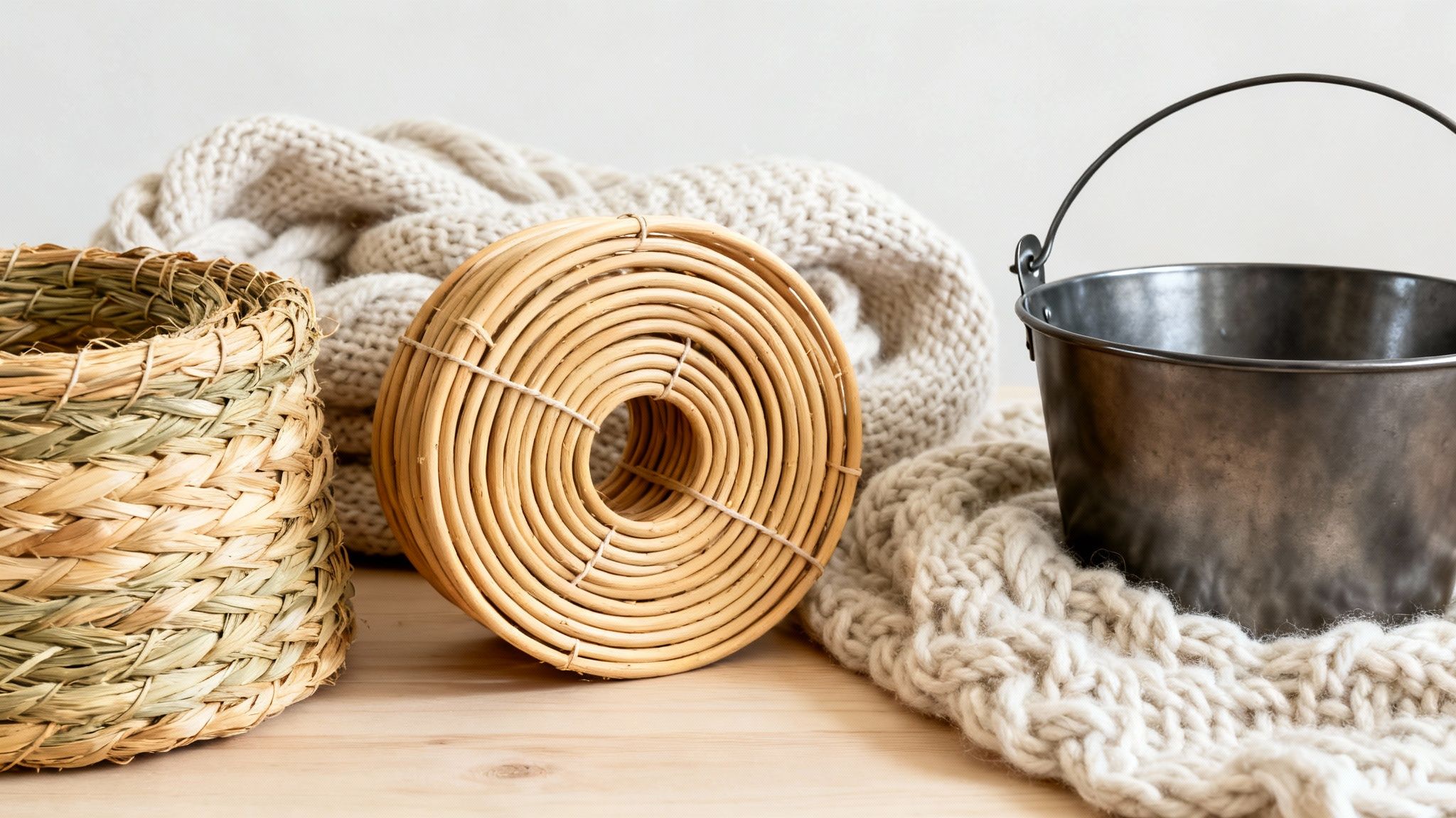 Rustic home decor featuring a woven grass basket, rattan coil, metal bucket, and knit blanket.