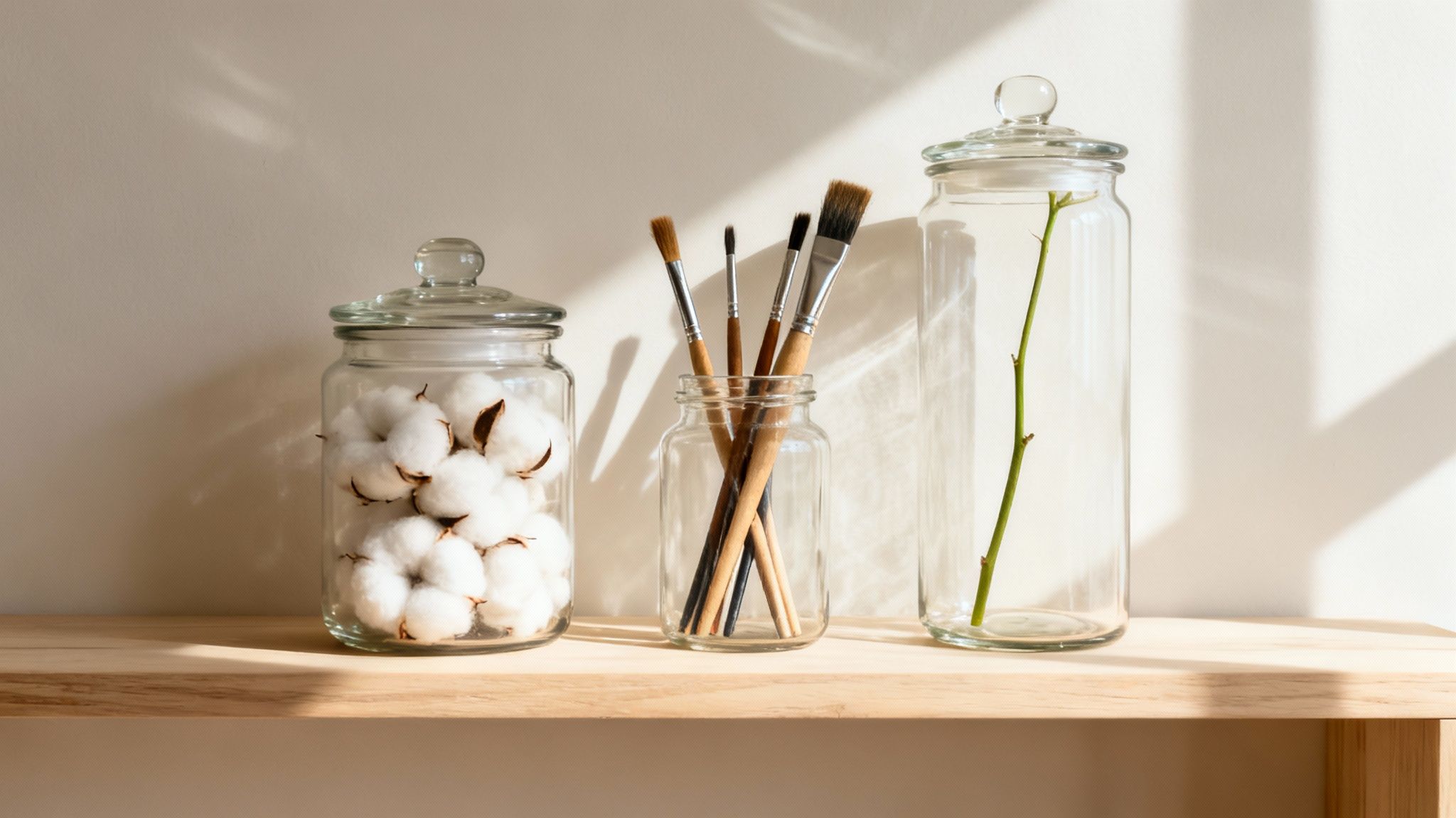 Three glass jars on a wooden shelf, containing cotton, paintbrushes, and a plant stem, bathed in sunlight.