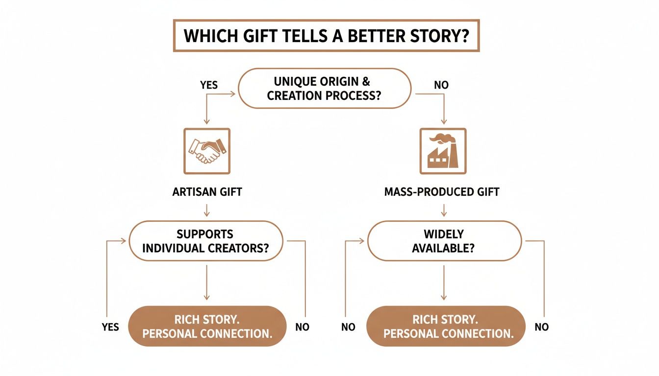 A flowchart comparing artisan gifts and mass-produced gifts to determine which tells a better story and creates personal connection.