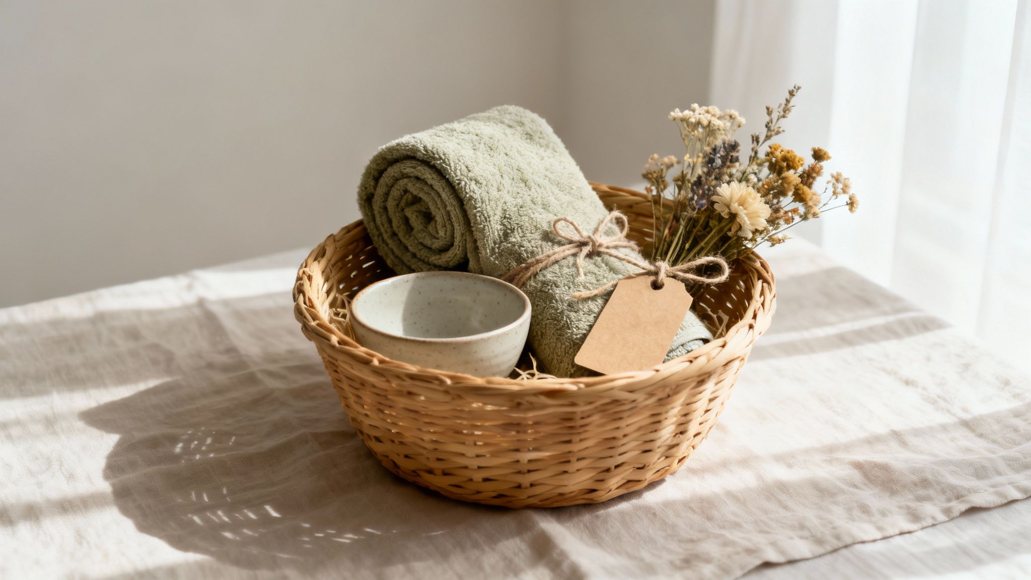 A woven basket holds a rolled green towel, a ceramic bowl, and dried flowers on a linen cloth.