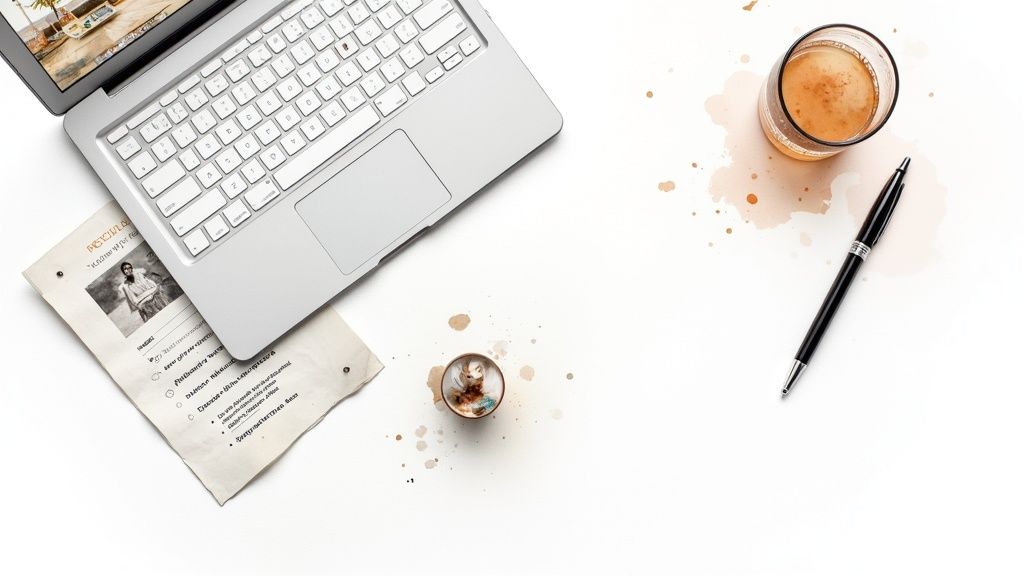 Overhead view of a messy work desk with a laptop, drinks, a pen, and coffee stains.