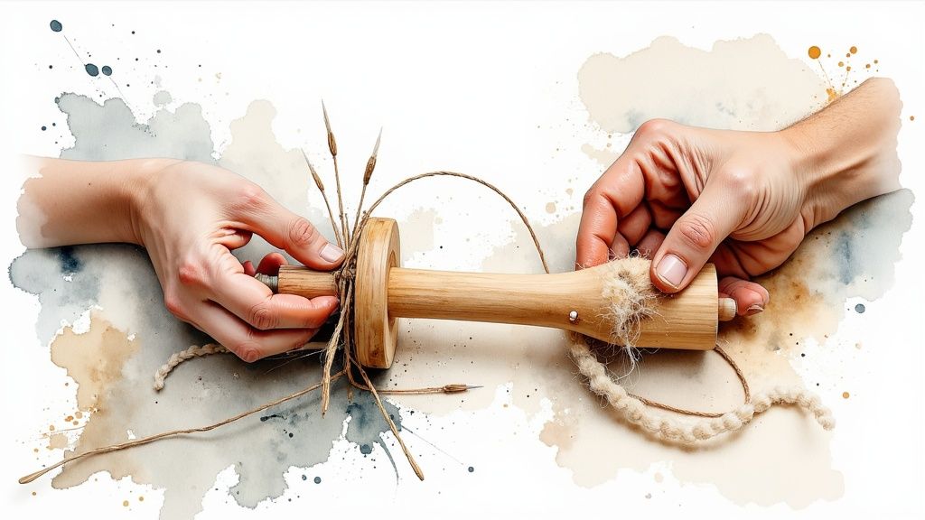 Two hands meticulously craft a wooden spindle, attaching natural fibers and spinning yarn.
