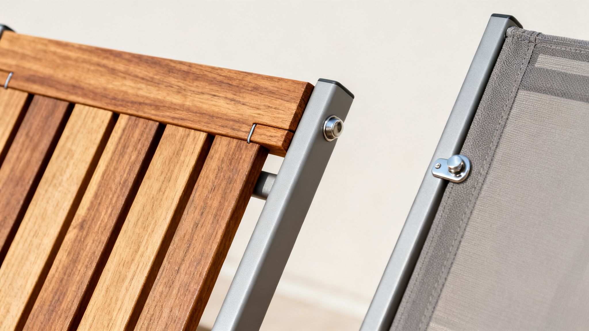 Close-up of wooden slats and grey mesh fabric with metal frames on outdoor lounge chairs.