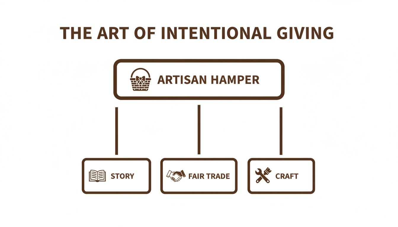 A diagram illustrating 'The Art of Intentional Giving' with 'Artisan Hamper' linked to 'Story', 'Fair Trade', and 'Craft'.