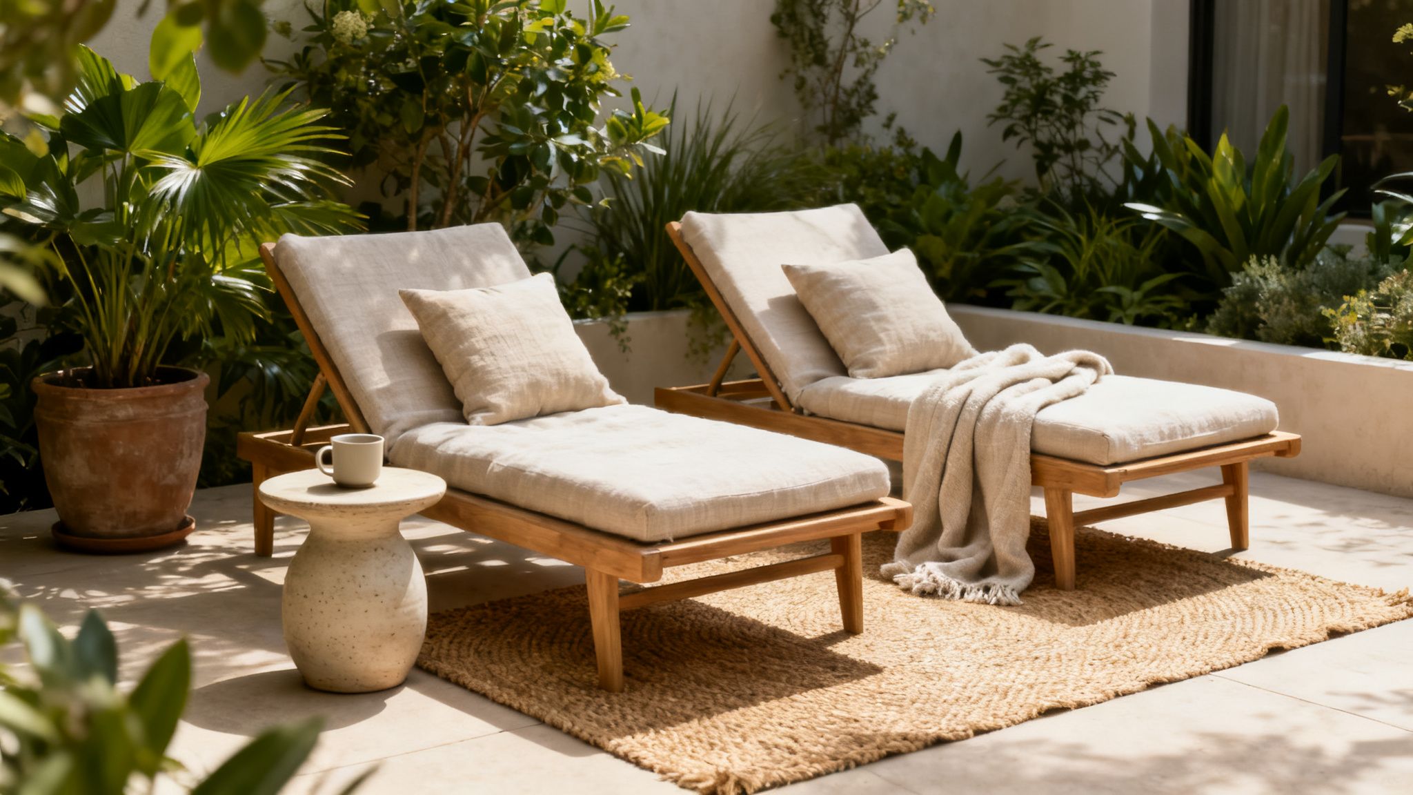 Two elegant wooden outdoor lounge chairs with light cushions, a side table, and lush plants.