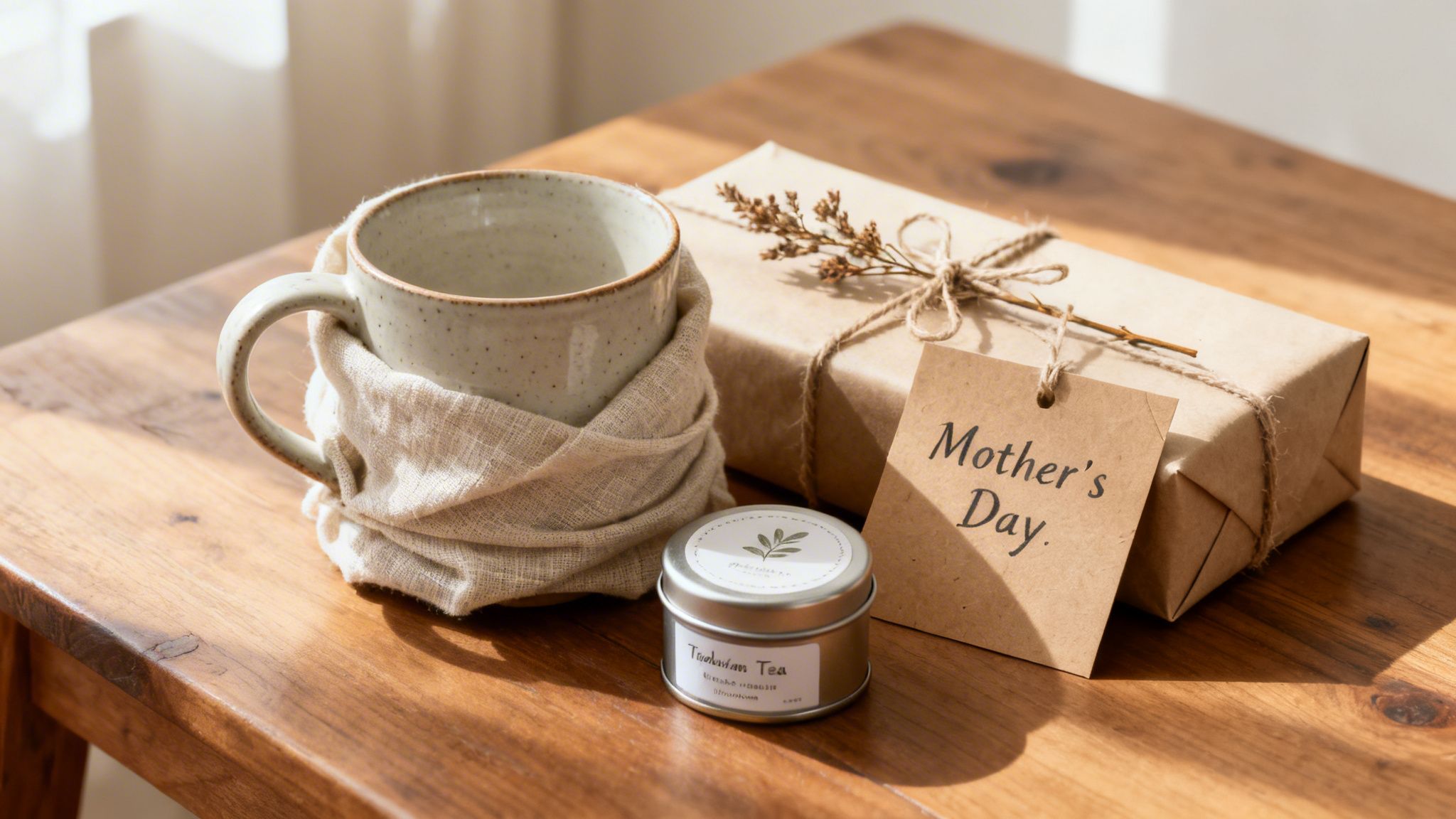 A thoughtful Mother's Day gift set featuring a mug, tea tin, and wrapped present on a wooden table.