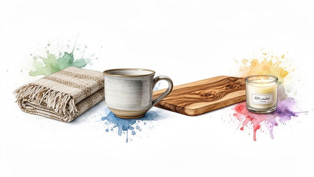 A cozy collection of home decor items: a blanket, ceramic mug, wooden board, and lit candle.