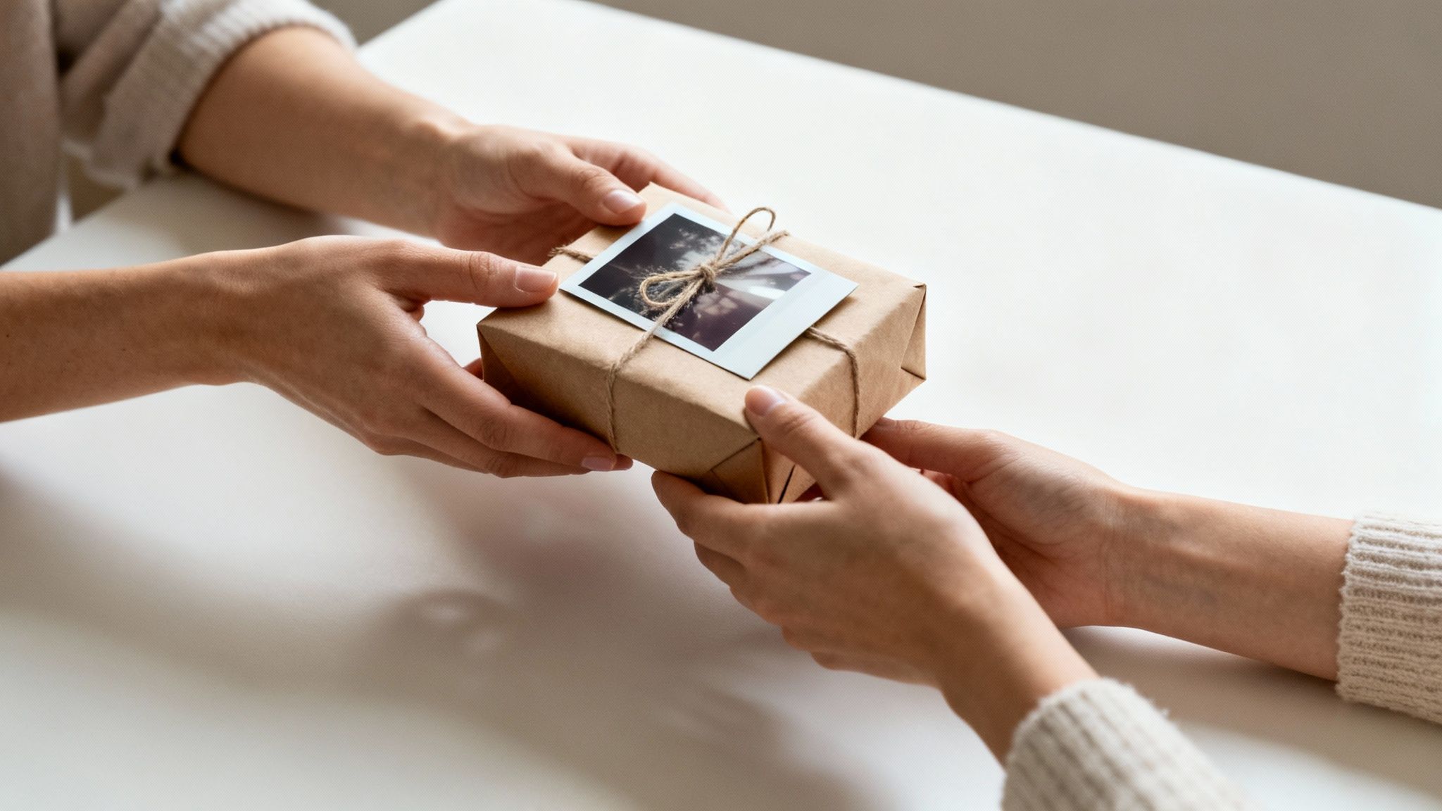Two people's hands exchanging a kraft paper gift box with a photo and twine on a white table.
