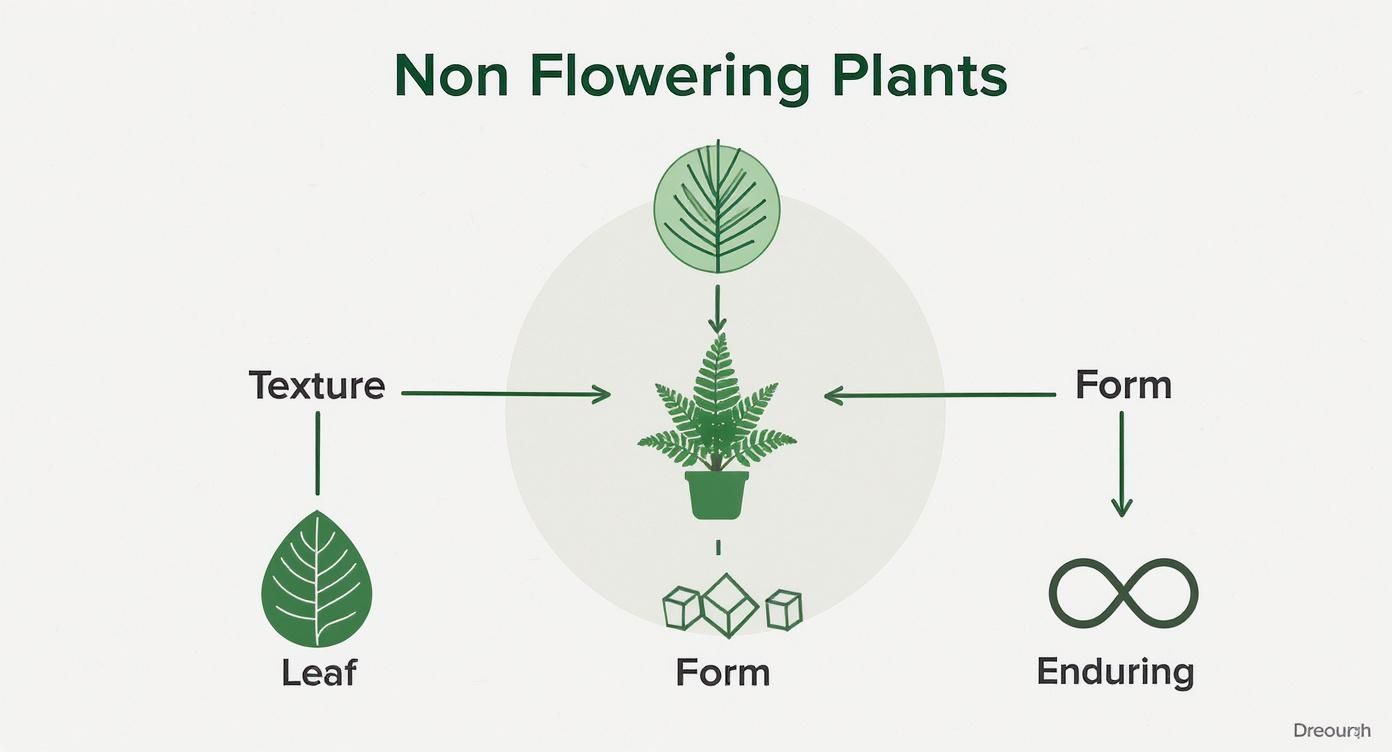 A diagram illustrates non-flowering plants like ferns, highlighting their texture (leaf), form (shapes), and enduring nature.