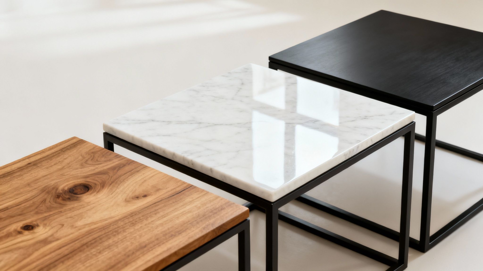 Three modern square coffee tables with wood, marble, and black tops, featuring black metal frames.
