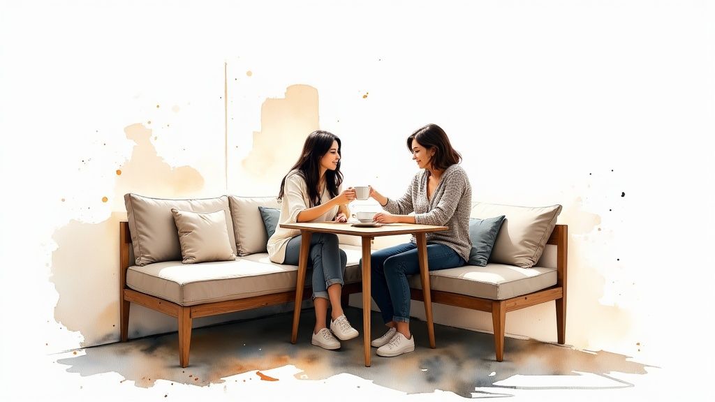 Two women sit on a modern outdoor sofa at a small table, sharing coffee and smiles.