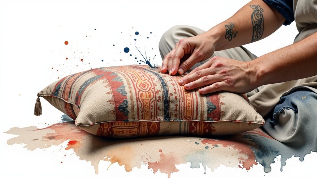 Hands adjust a vibrant ethnic patterned cushion amidst colorful watercolor splatters, artistic craft scene.