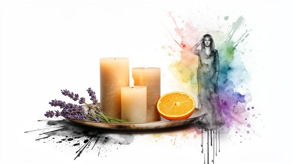 Artistic image with lit candles, lavender, orange, and a sketched woman against a colorful watercolor splash.
