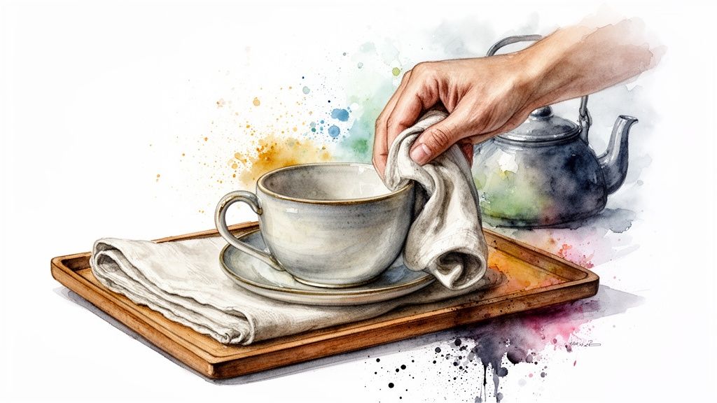 Watercolor painting of a hand wiping a teacup and saucer set on a wooden tray.