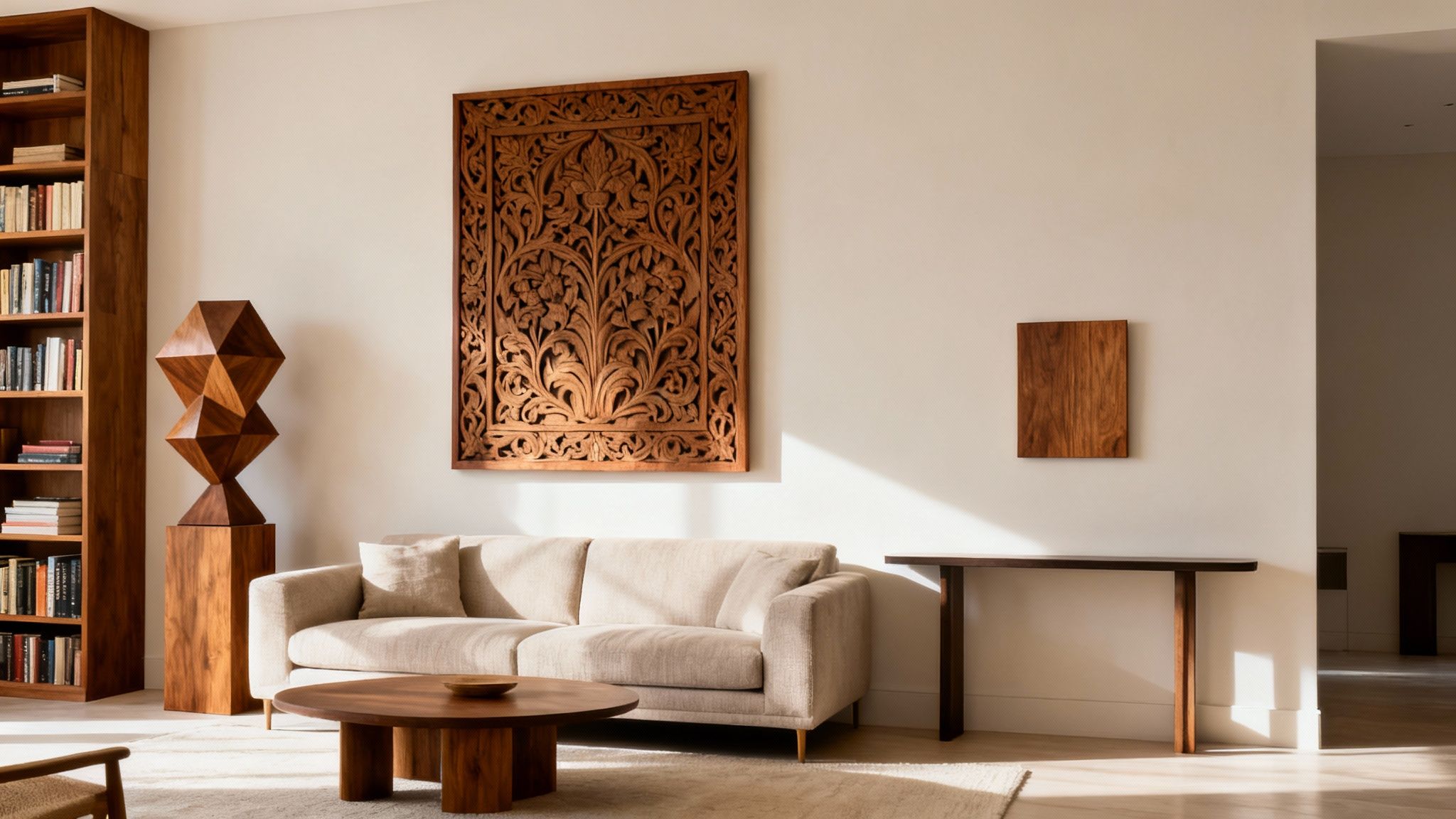 A warm living room with intricate wooden wall art, a geometric sculpture, and a beige sofa.