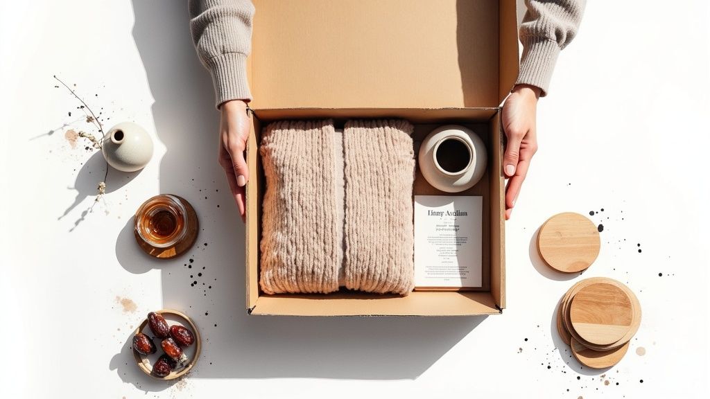Hands holding a warm, cozy gift box with a knitted item, mug, and card, surrounded by treats.