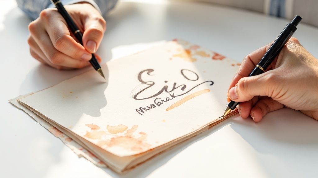 Two sets of hands writing 'Eid Mubarak' on a rustic watercolor card with calligraphy pens.