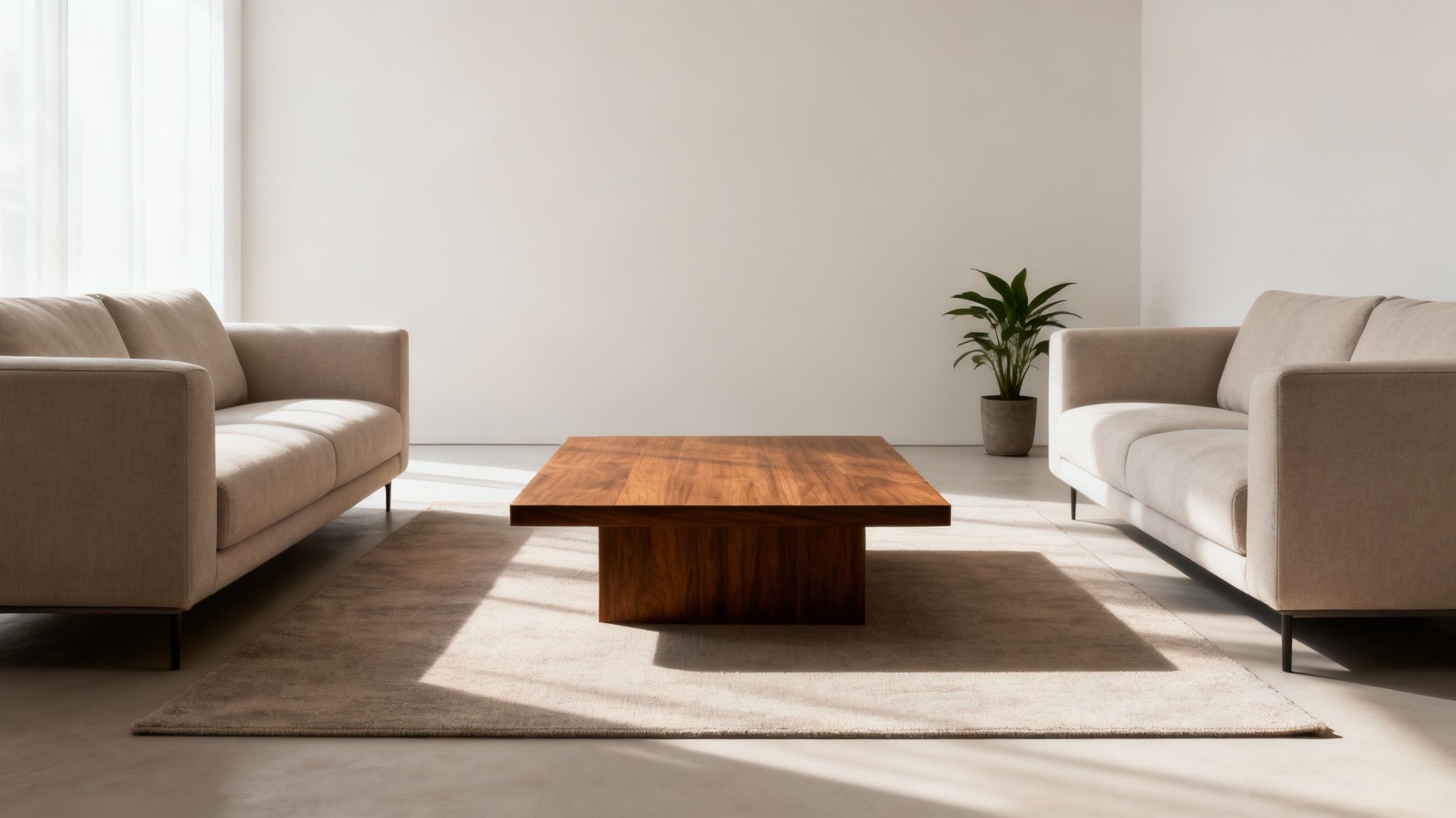 A minimalist living room with two beige sofas, a square wooden coffee table, and a potted plant.