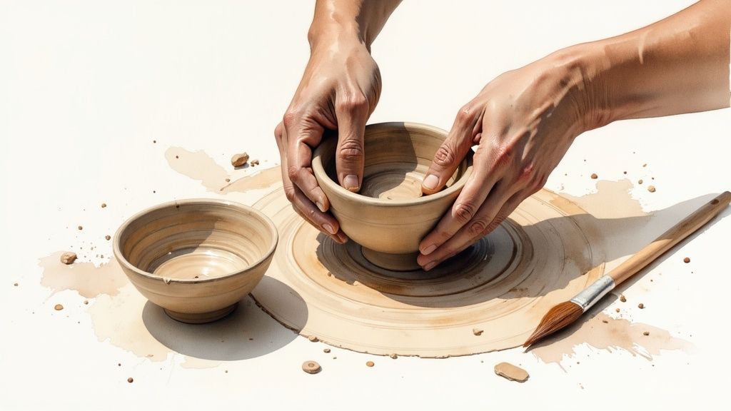 Hands expertly shaping a clay bowl on a potter's wheel, with another bowl and brush.