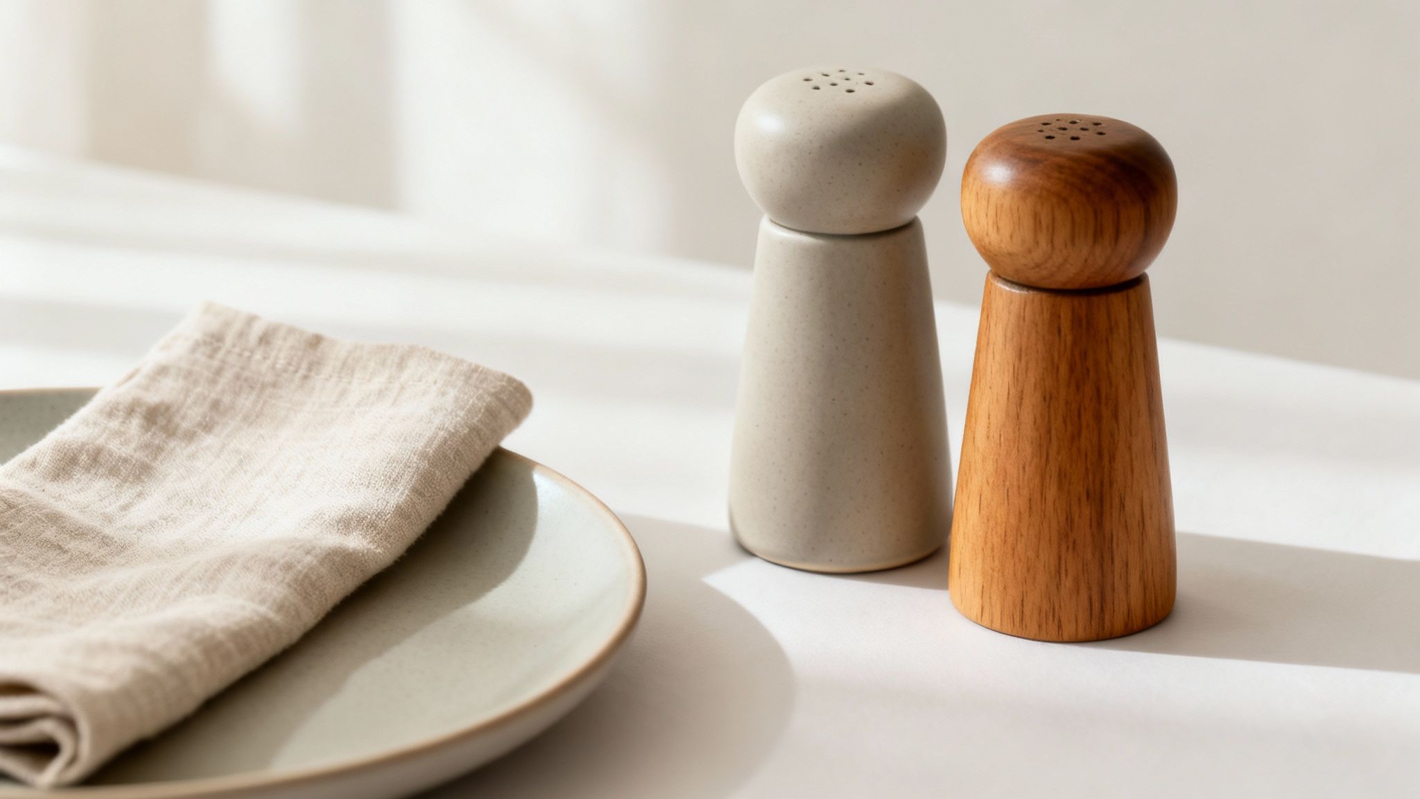 Two modern salt and pepper shakers next to a plate with a linen napkin.