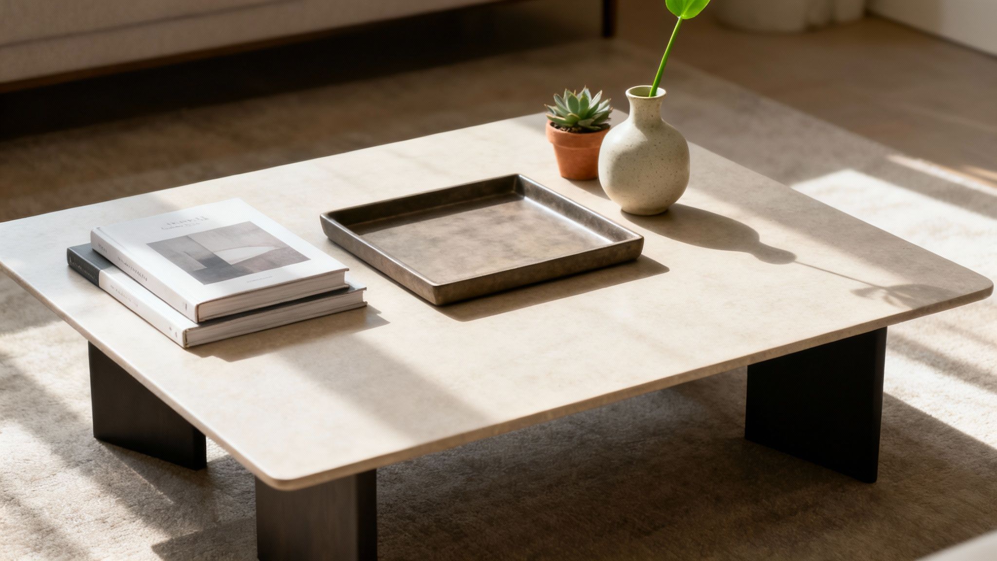 A stylish square coffee table in a living room with books, a tray, a succulent, and a vase, bathed in sunlight.