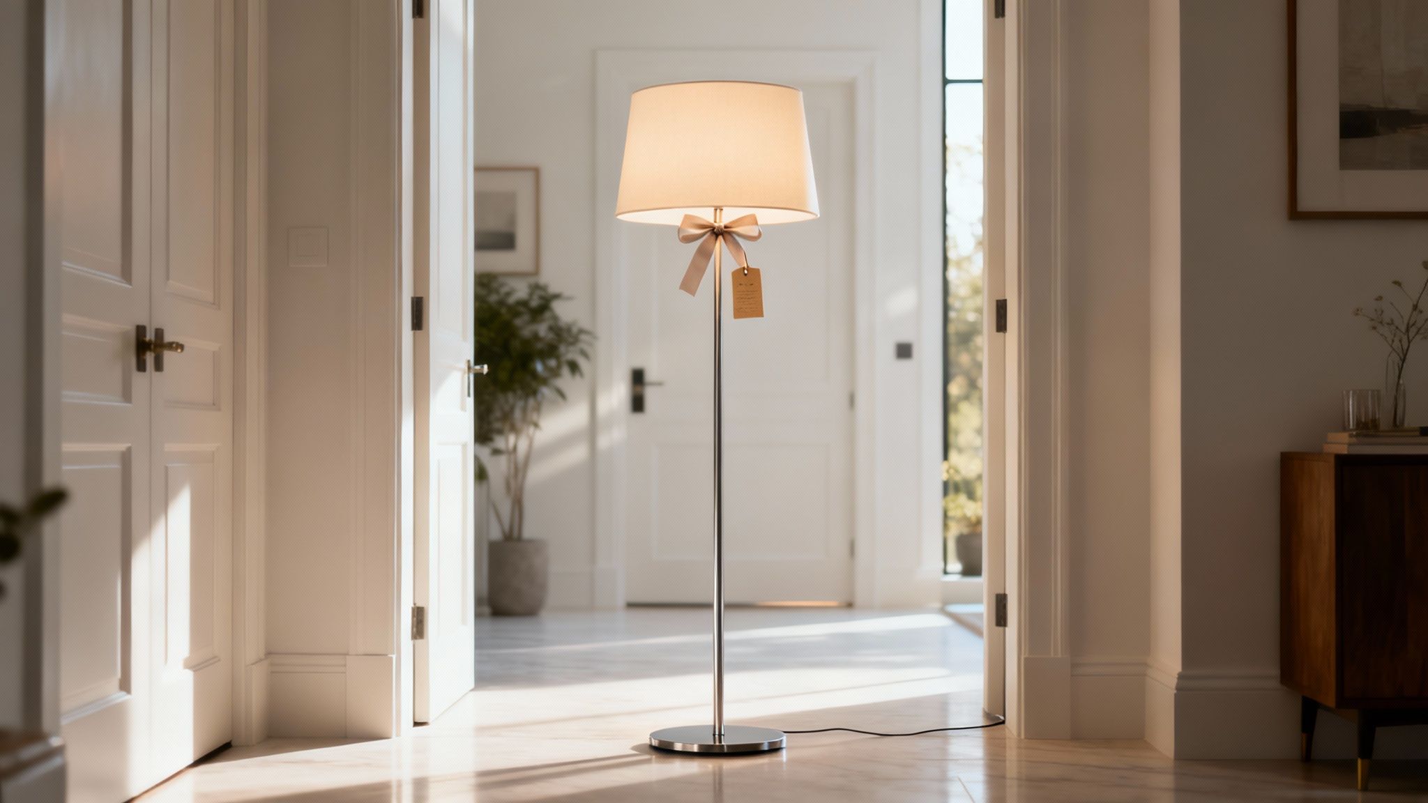 A stylish floor lamp with a cream shade and ribbon stands in a bright, modern hallway.